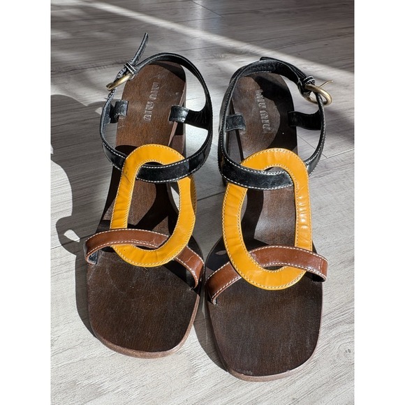 Miu Miu Shoes - Miu Miu Colorblock Strap Women's Patent Leather Sandal Sz 38 Stacked Wood Heel